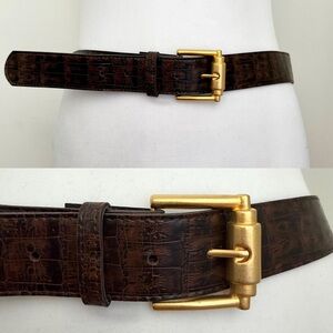 Vintage Dark Brown Faux Alligator Belt with Oversized Gold Buckle